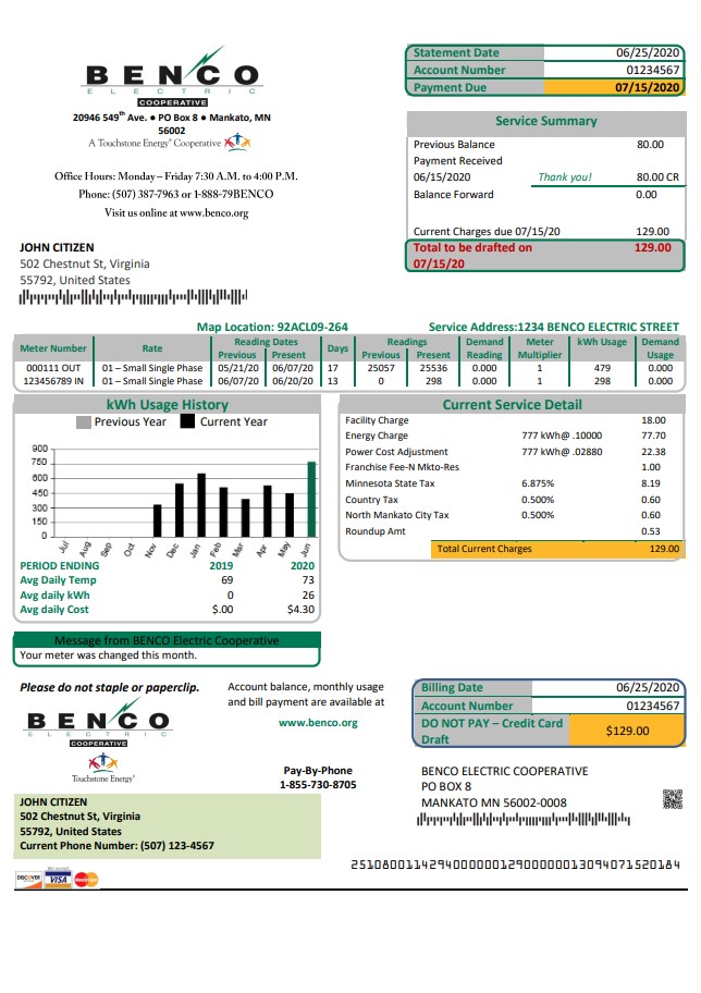 USA Minnesota Benco Elecric electricity easy fillable utility bill template in Word and PDF format (.doc and .pdf)